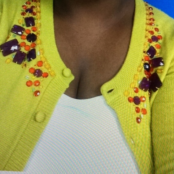 Kate Spade Paulina Cardigan Sweater in Chartreuse/Mustard Jeweled Collar - Picture 3 of 10
